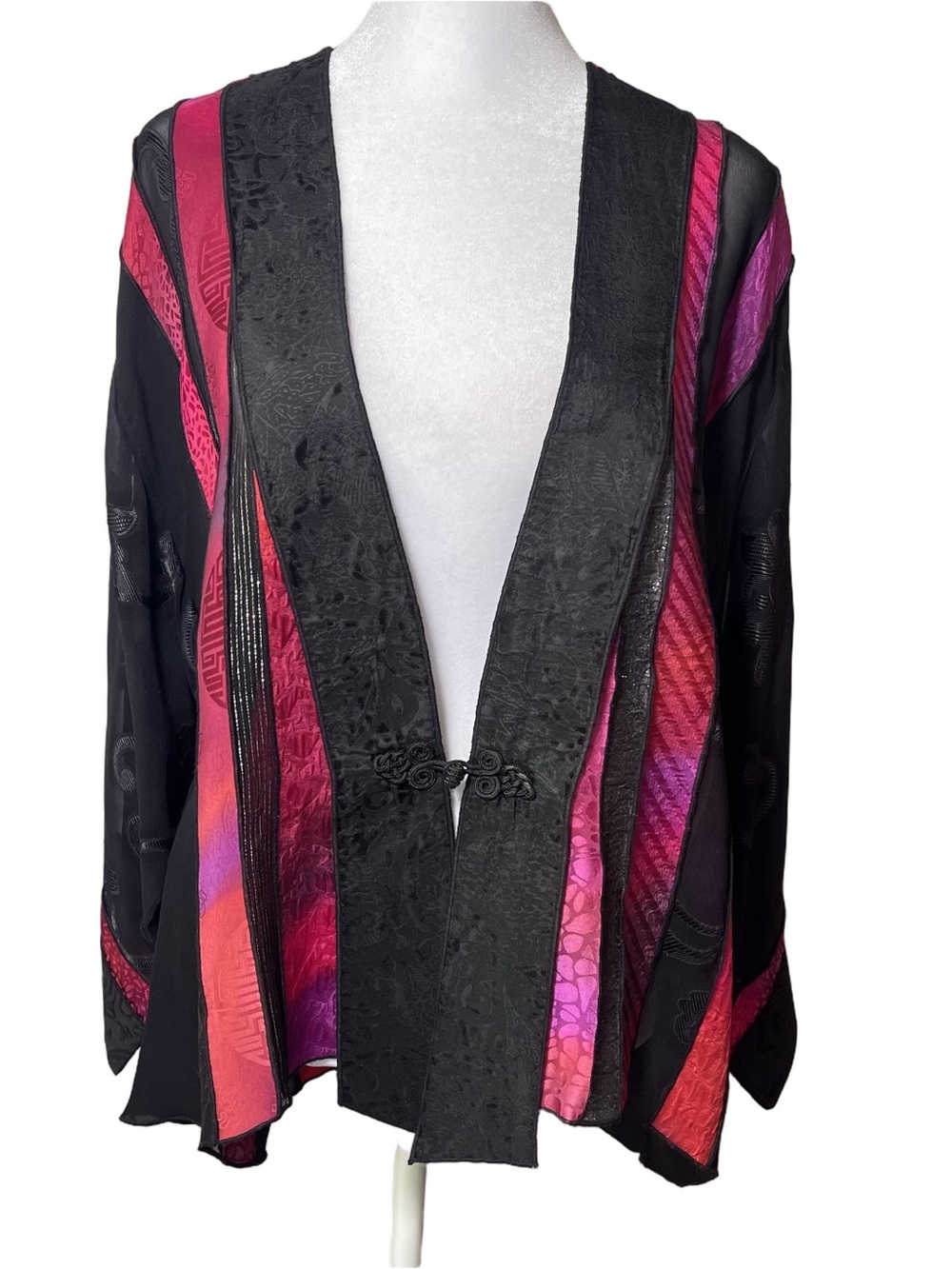 Louise Blumberg Silk Topper Jacket Kimono Cardigan 3/4 Sleeve Black Pink Purple